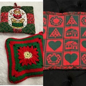 VTG Christmas Pot Holders & Placemat Wreath Trees Hearts Country Cottagecore 90s